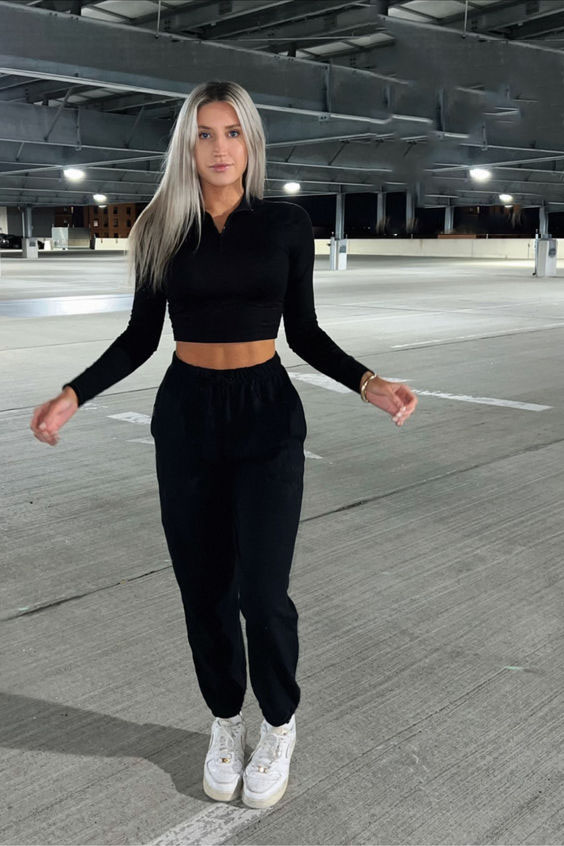 Black Crop Top with Black Sweatpants and White Sneakers